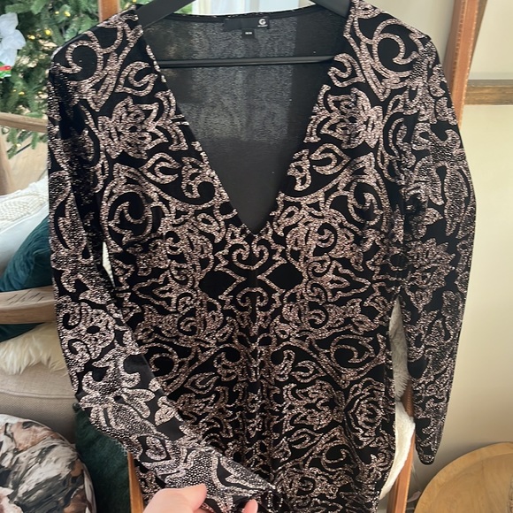 Black velvet with rose gold sparkle design long sleeve dress - Picture 3 of 4